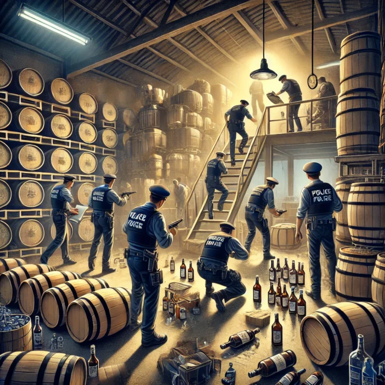 Polisi Gerebek Pabrik Miras Palsu di Mojokerto, Ratusan Botol Disita! DALL·E 2025 02 10 15.40.06 An illustration of police officers raiding an illegal liquor factory. The scene depicts uniformed officers breaking into a hidden warehouse filled wit