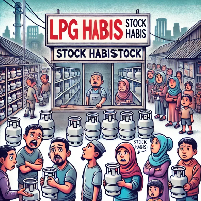 DALL·E 2025 02 12 19.58.58 An illustration depicting a shortage of LPG liquefied petroleum gas stock. A small gas distribution shop with empty shelves and a long queue of peop