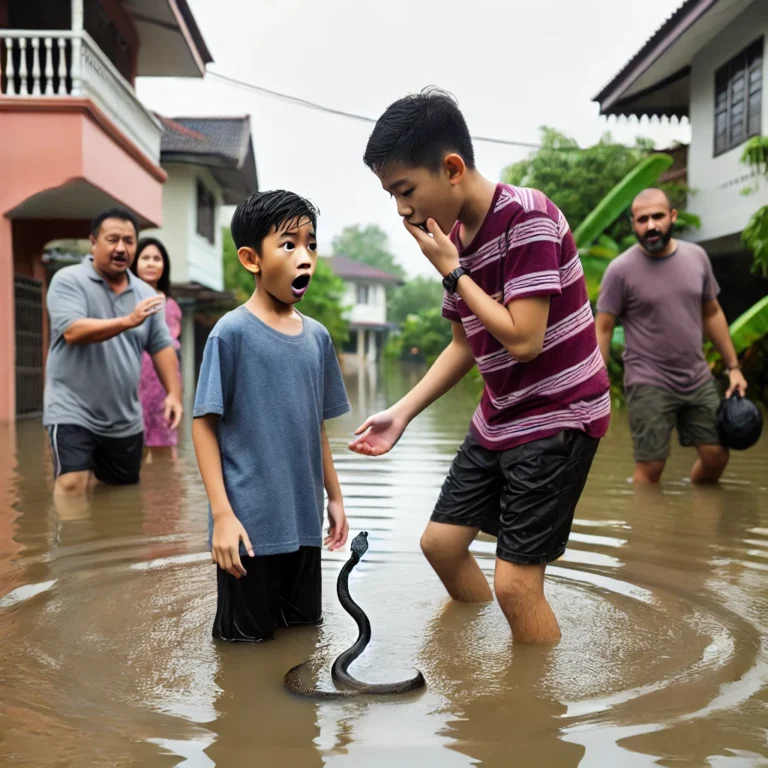 DALL·E 2025 03 04 11.41.09 A 9 year old boy standing in knee deep floodwater in a residential area looking surprised and slightly scared as a small non venomous snake lightly